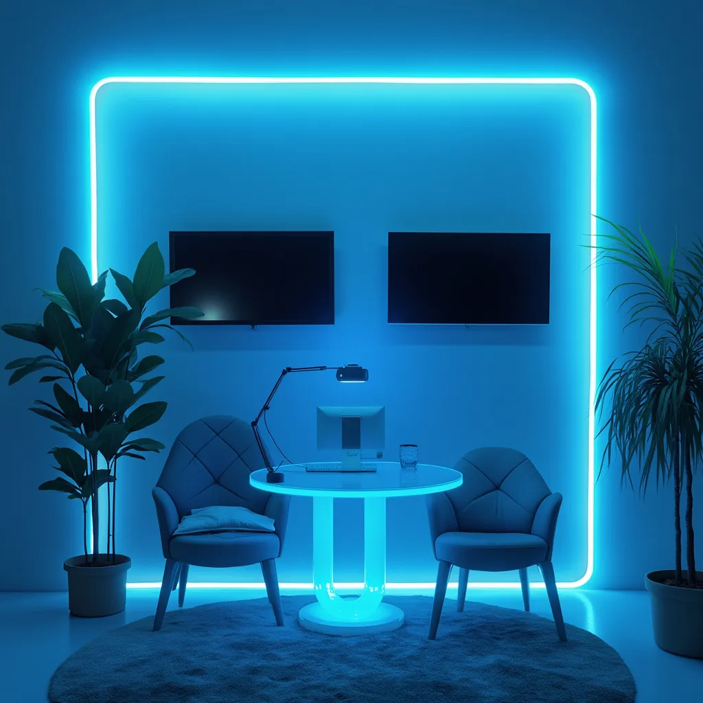 Sala de realidade virtual com luzes azuis